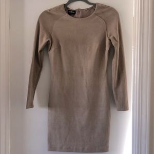 Sexy, short nude suede dress with long sleeves.